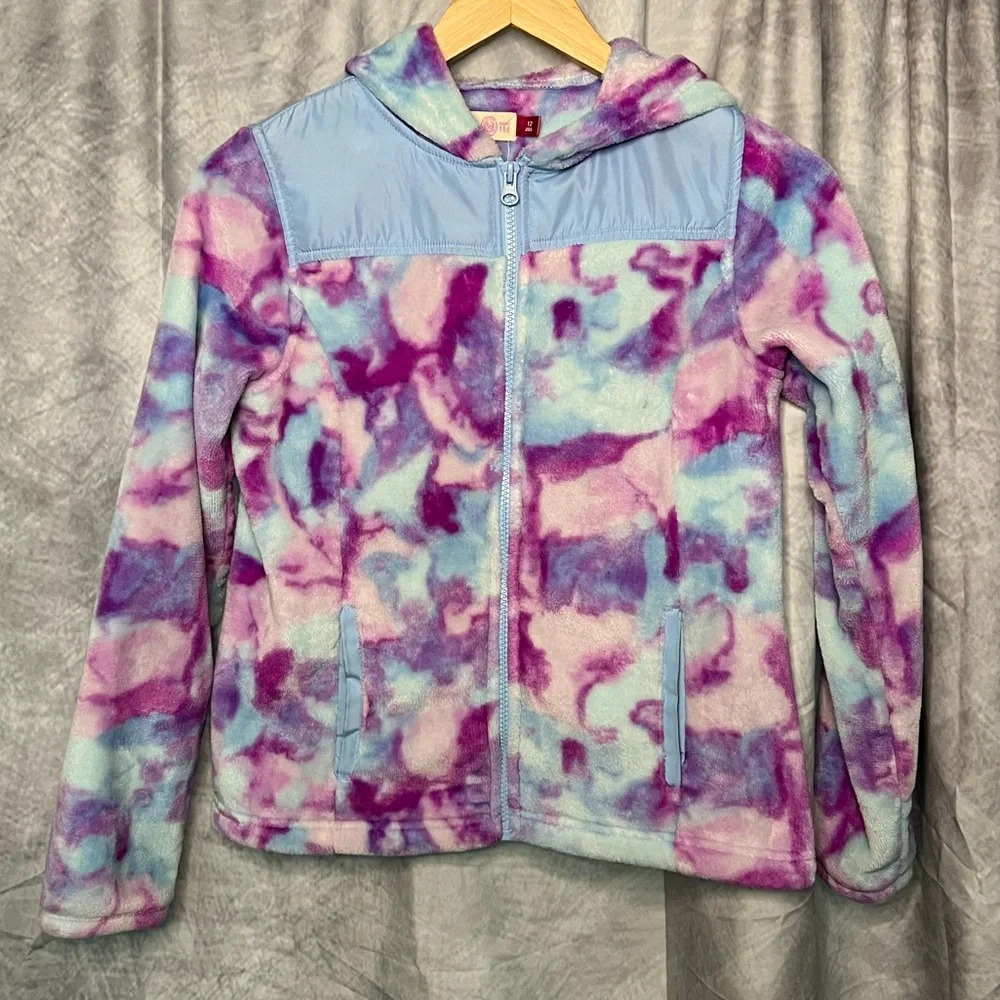 SO Soft, Fuzzy Zip Up Hoodie in Pinks, Purples and Blues - size 12